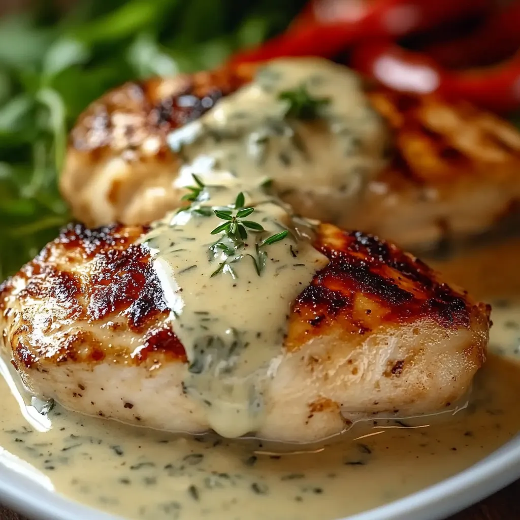 Plated chicken in creamy Boursin sauce with fresh herbs