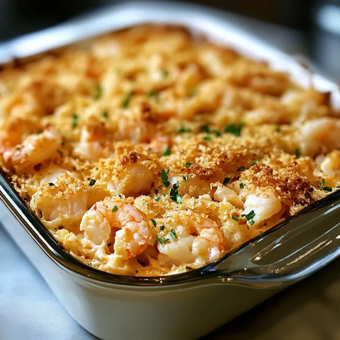A casserole dish filled with shrimp and cheese.