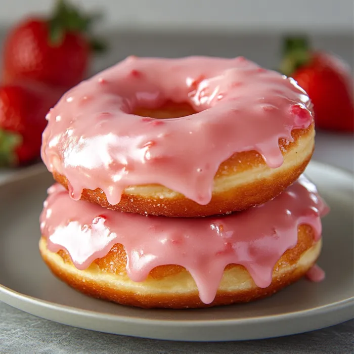 A pink glazed donut with pink frosting and strawberries.