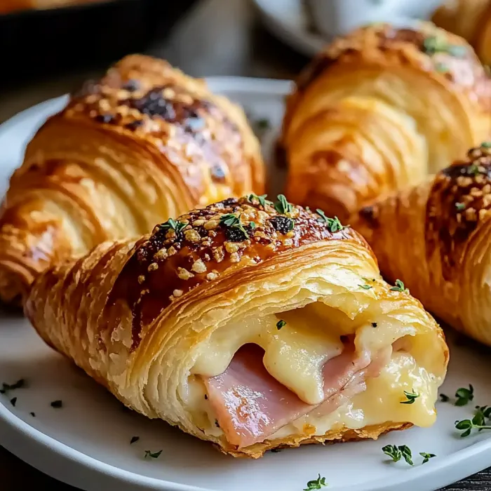 A plate of croissants with ham and cheese.