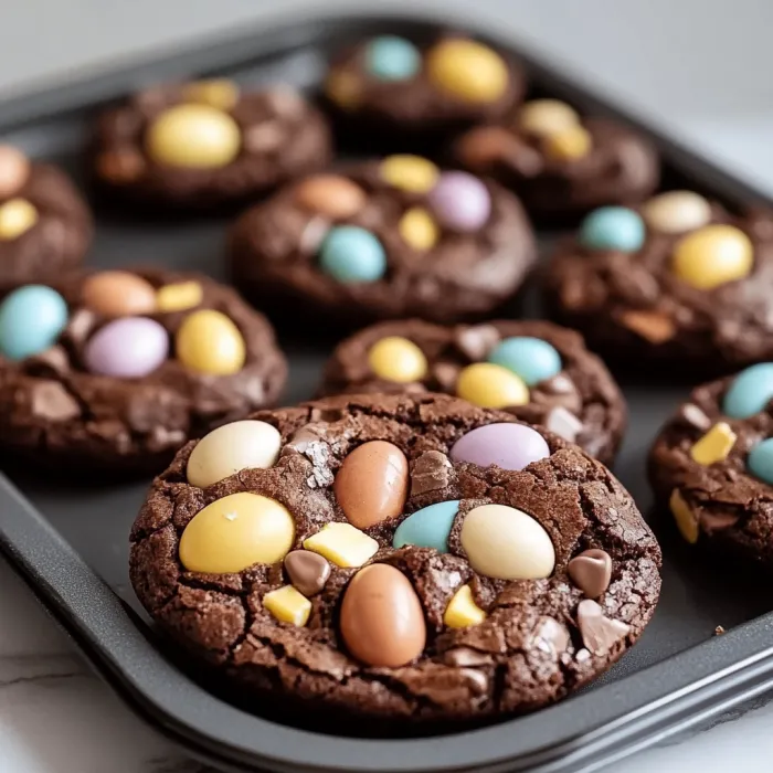 A pan of chocolate chip cookies with colored eggs on top.