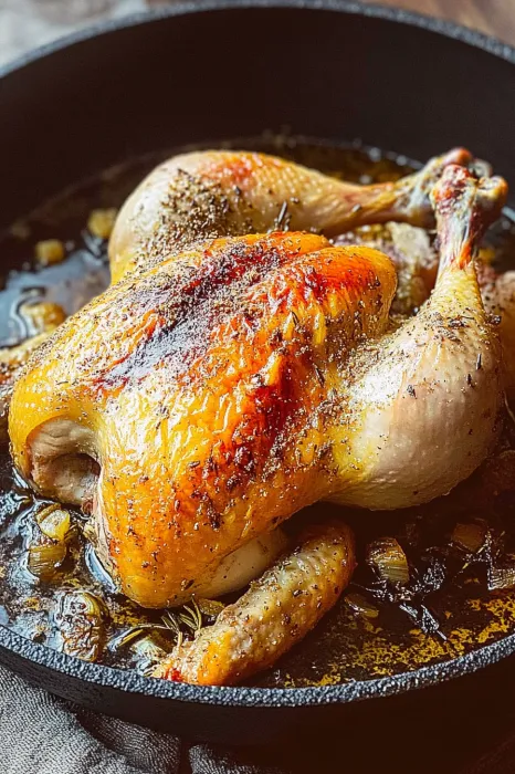 A roasted chicken with a golden brown skin.
