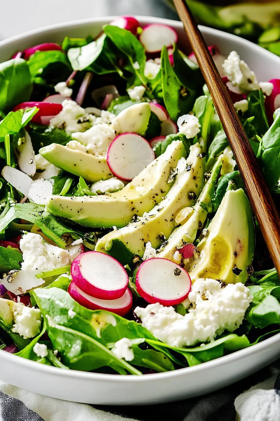 A salad with avocado, radish, and cheese.