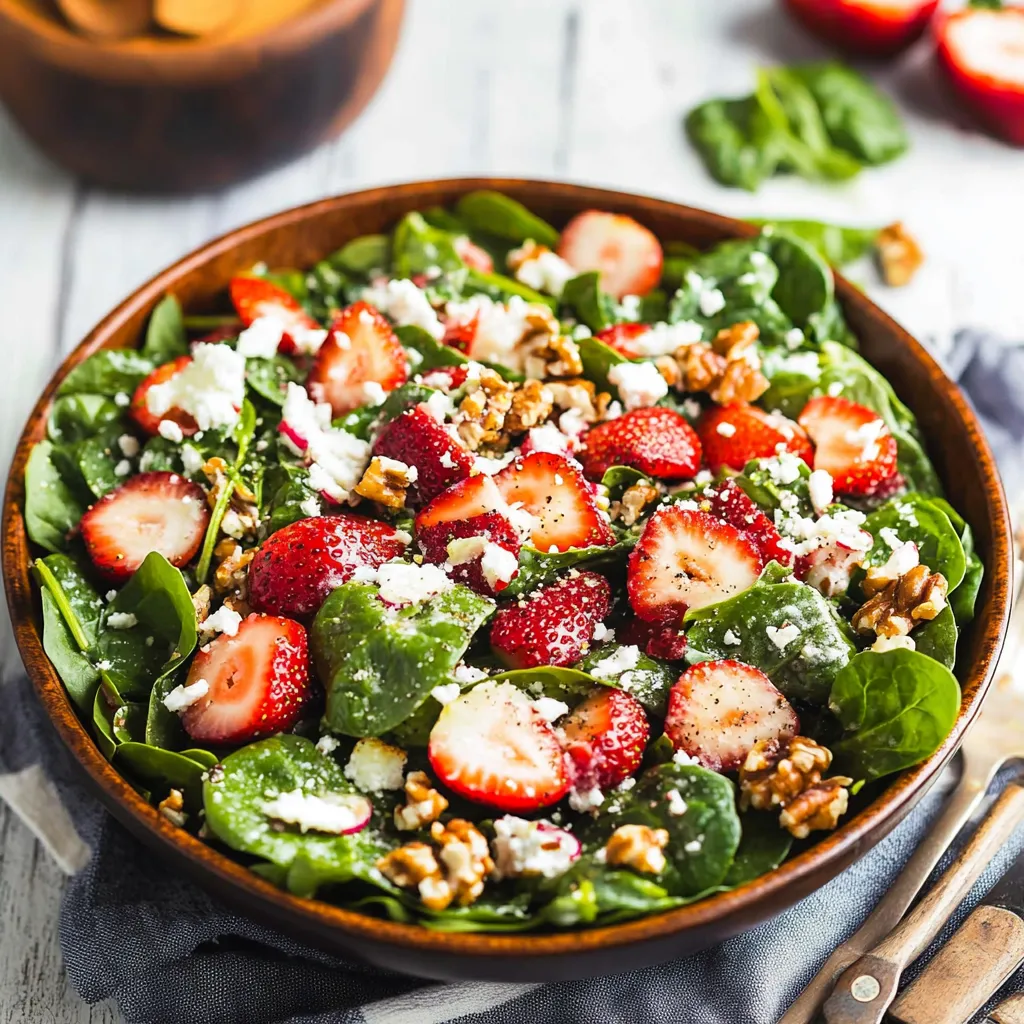 A bowl of salad with strawberries and walnuts.