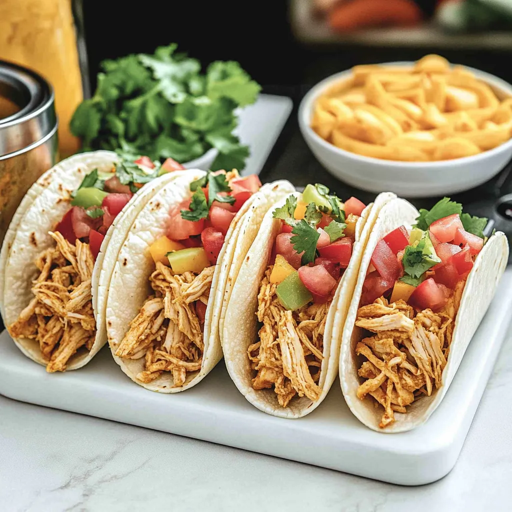 Three tacos with chicken and tomatoes.