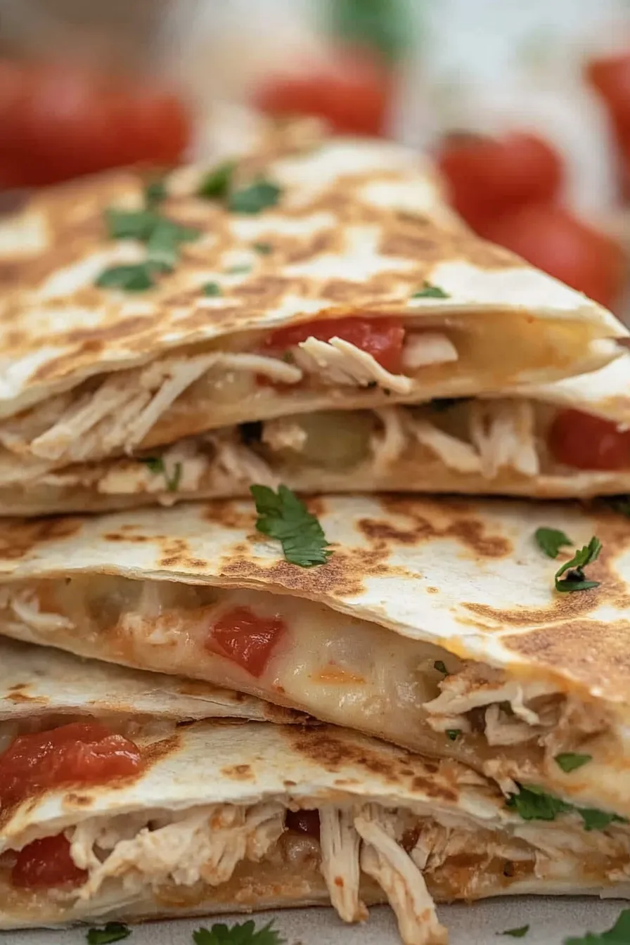 A stack of three quesadillas with tomatoes and chicken.
