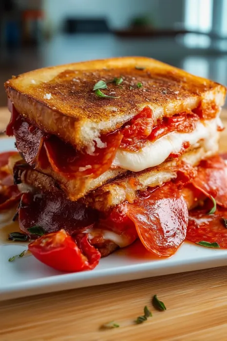 A stack of sandwiches with tomatoes and cheese.