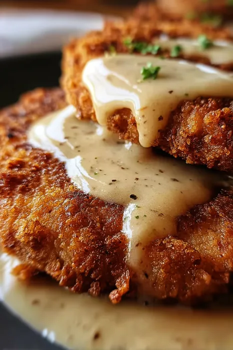 A piece of meat with gravy on it.