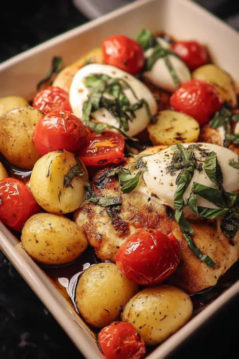A plate of food with tomatoes, potatoes, and cheese.