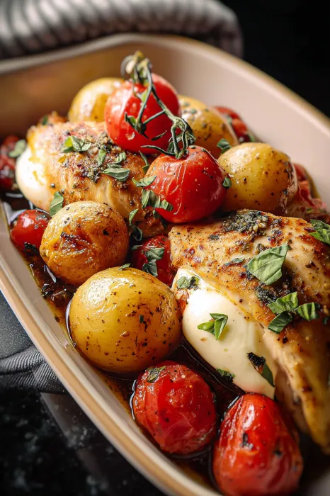 A plate of food with chicken, potatoes, and tomatoes.