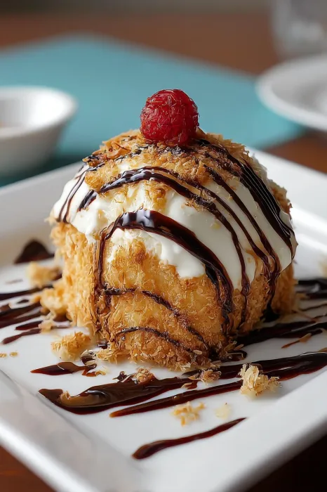 A dessert with a chocolate sauce and a raspberry on top.