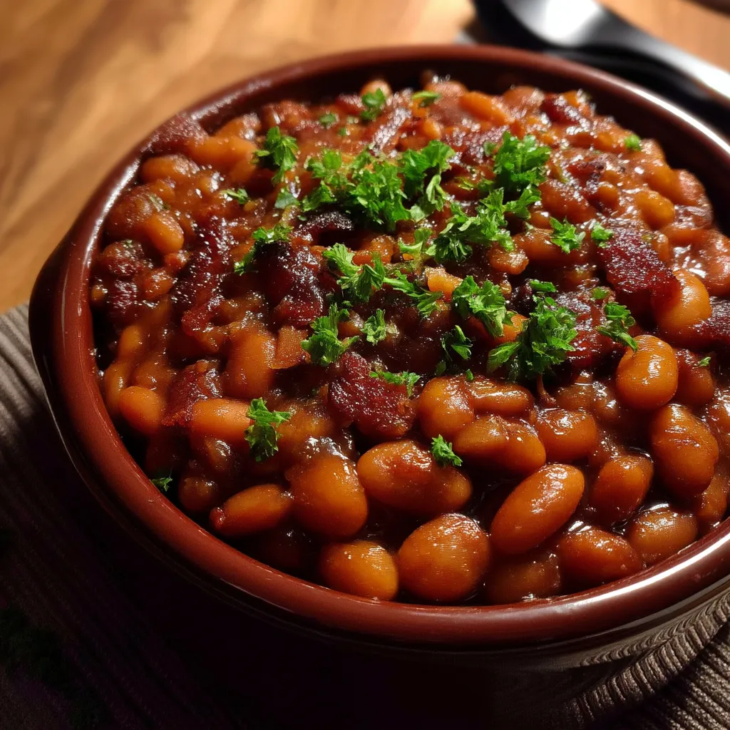 A bowl of beans with bacon and parsley.