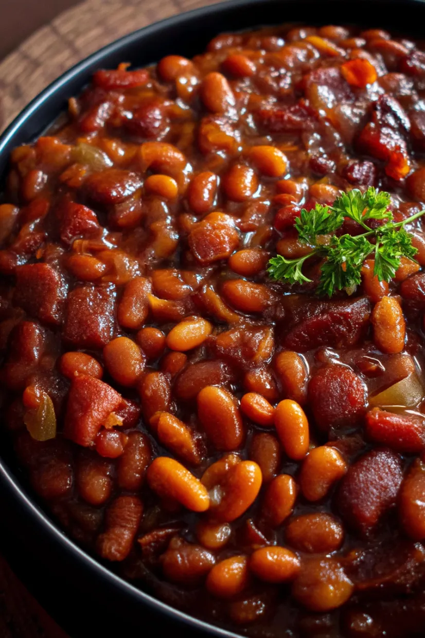 A bowl of beans with a green herb on top.