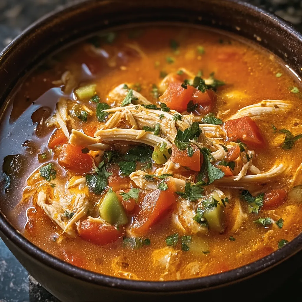 A bowl of soup with chicken and vegetables.