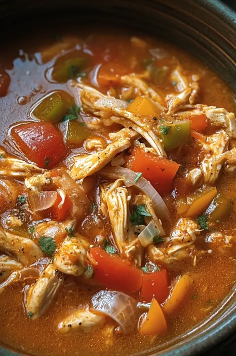 A bowl of soup with chicken and vegetables.