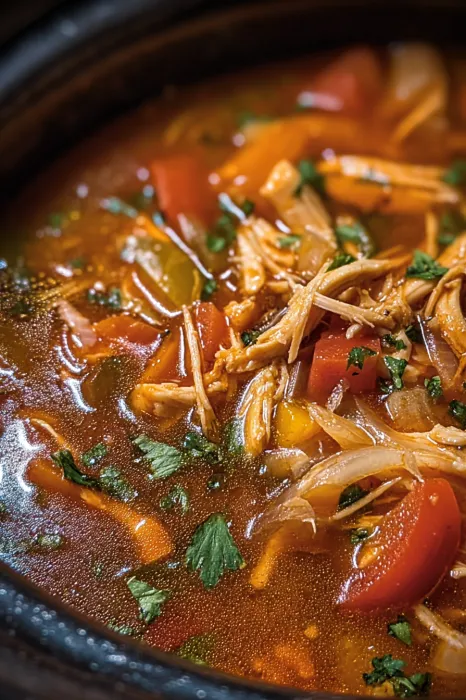 A bowl of soup with chicken and vegetables.