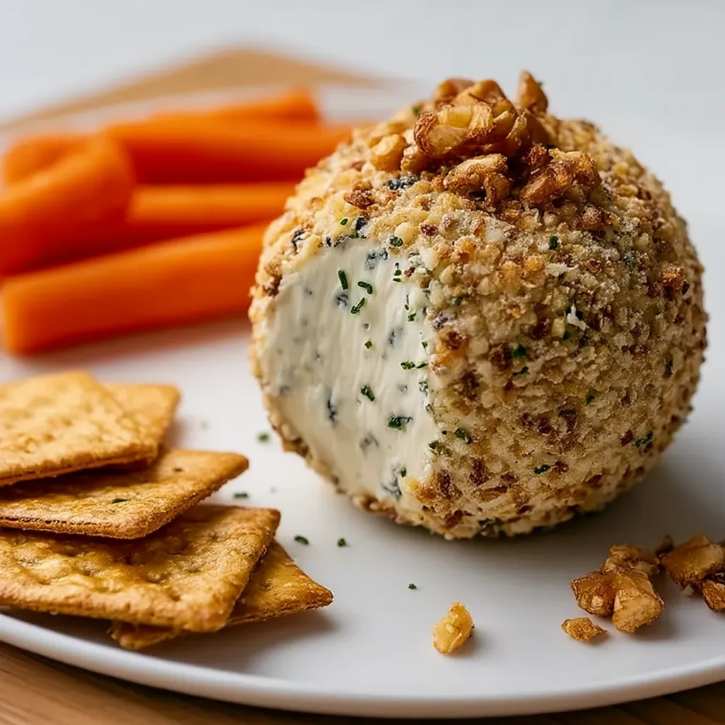 A plate of food with a cheese ball and carrot sticks.