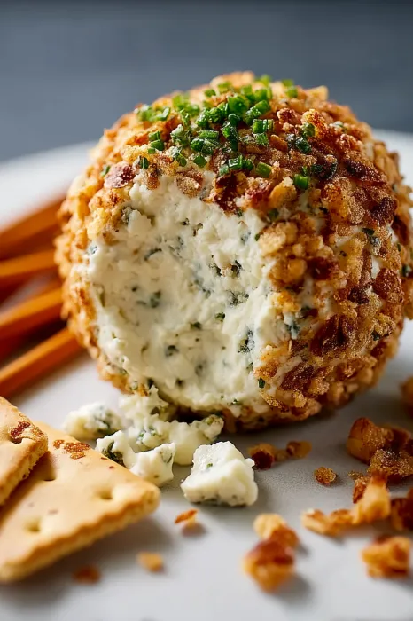A cheese ball with a green topping.