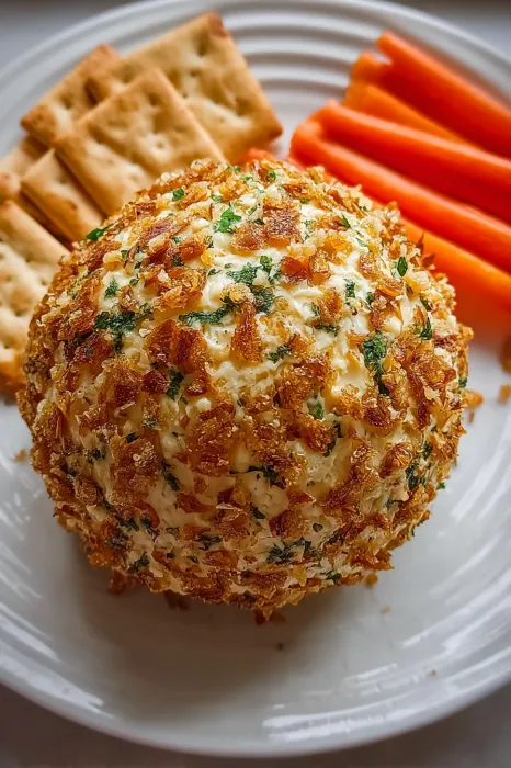 A plate of food with a cheese ball and crackers.