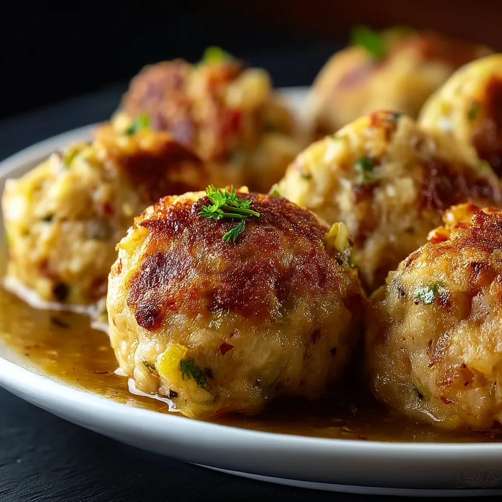 A plate of meatballs with gravy.