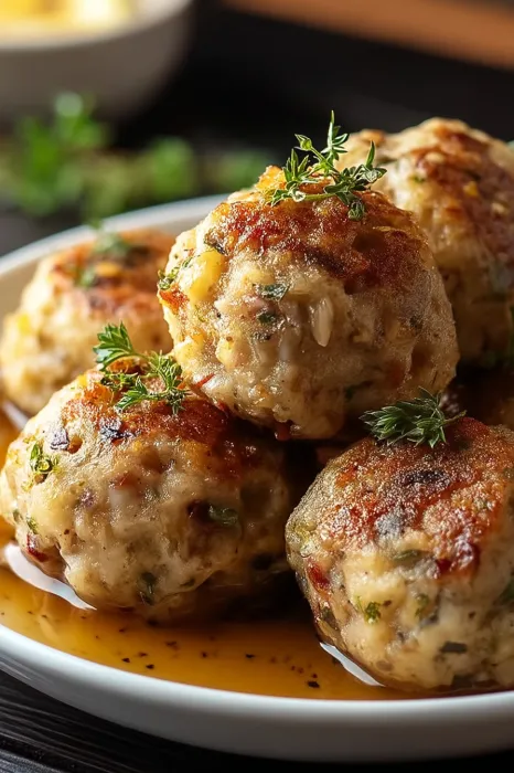 A plate of meatballs with herbs on top.