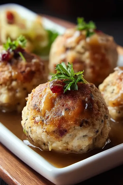 A plate of meatballs with gravy.