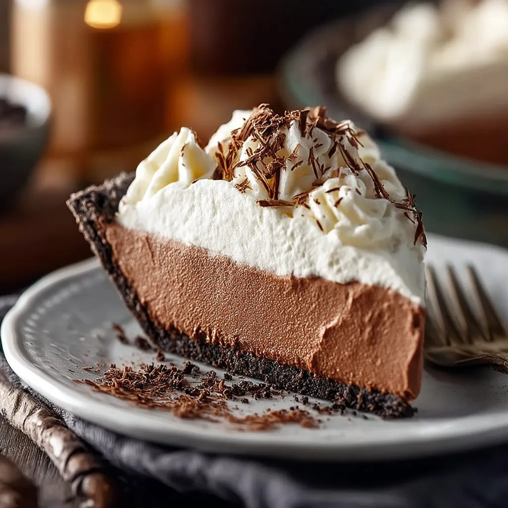 A slice of chocolate pie with whipped cream on a plate.