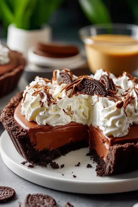 A slice of chocolate cake with white whipped cream.