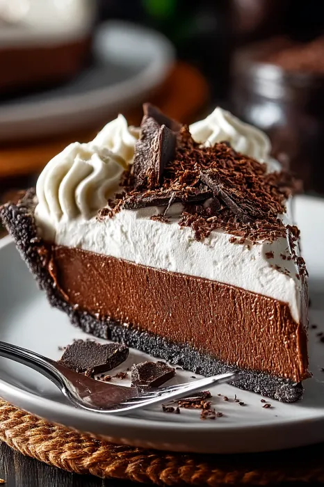 A slice of chocolate pie on a plate.