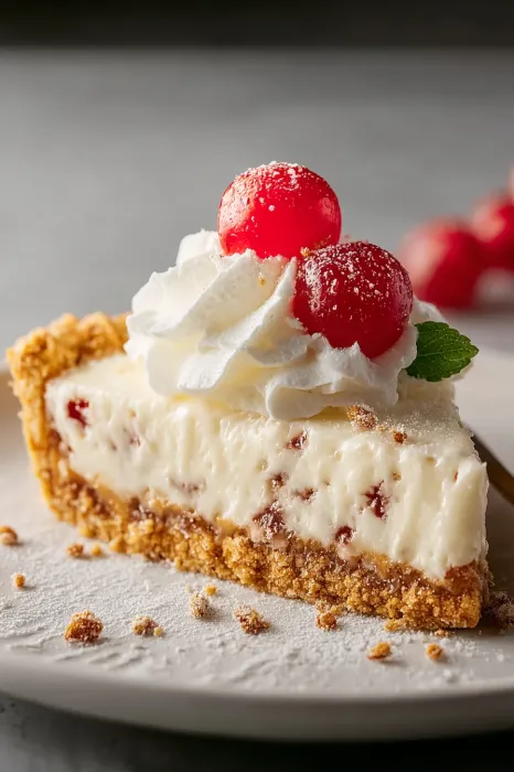 A slice of pie with whipped cream and cherries.