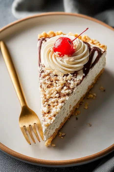 A slice of cake with a cherry on top.