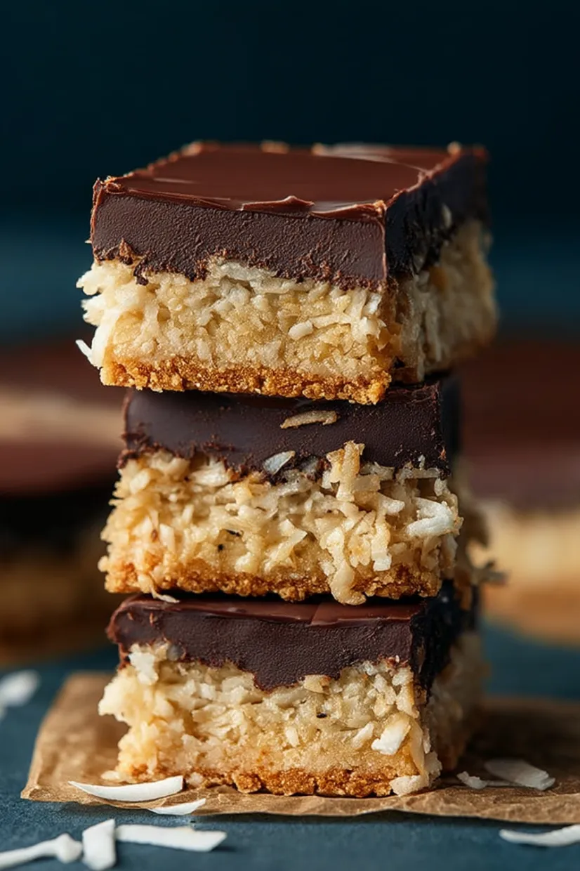 Three pieces of chocolate and coconut cake.