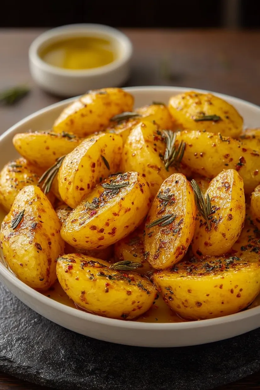 A bowl of potatoes with herbs on top.
