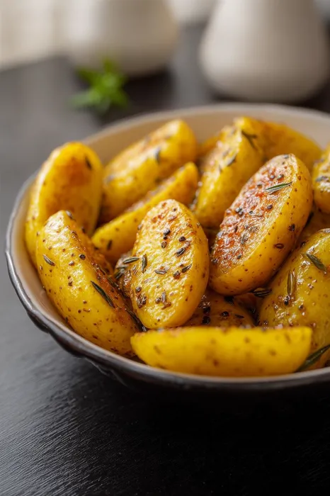 A bowl of food with a spice on top.