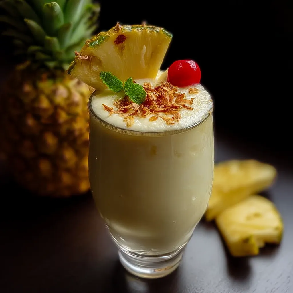 A glass of pineapple juice with a pineapple slice on top.