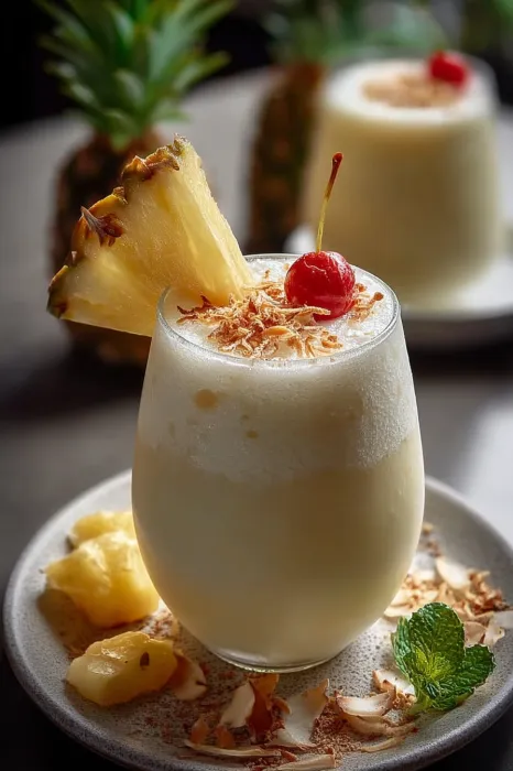 A glass of pineapple juice with a pineapple wedge on top.