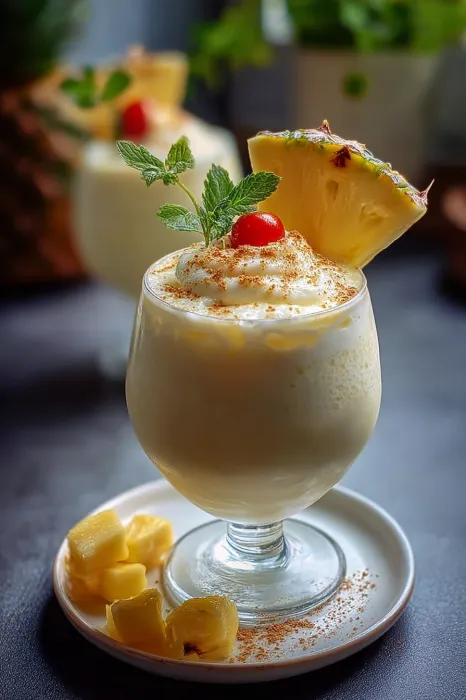 A glass of pineapple juice with a pineapple slice on top.