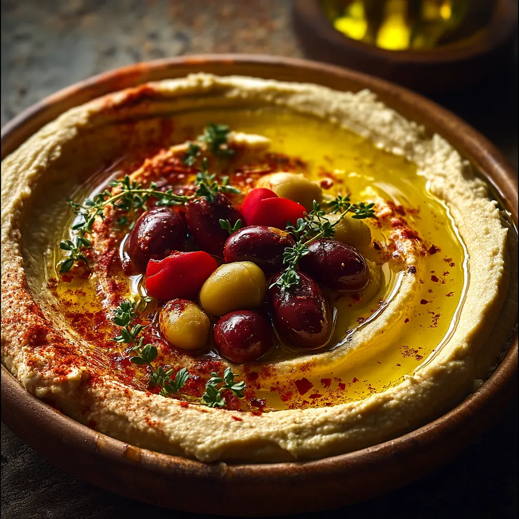 A bowl of hummus with red peppers and olives.