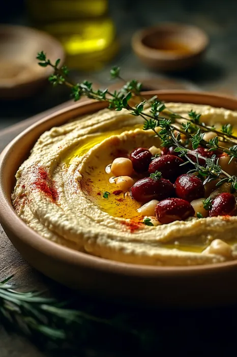 A bowl of hummus with red peppers and herbs.