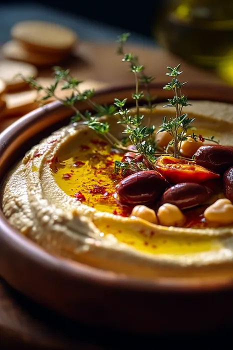 A bowl of hummus with a sprig of parsley on top.