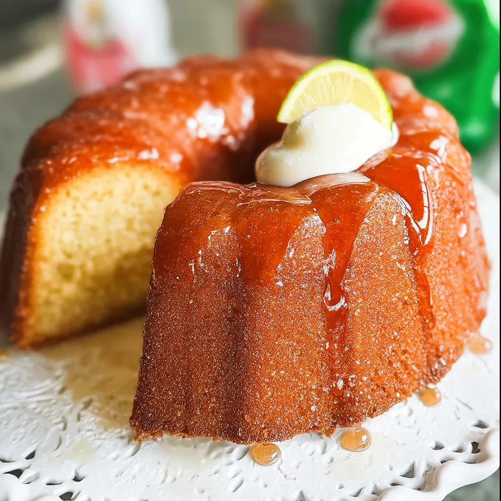 A slice of cake with a lemon wedge on top.