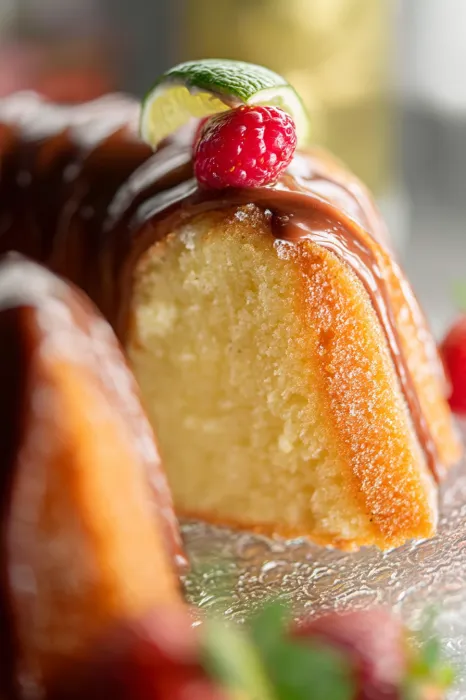 A slice of cake with chocolate drizzle and a raspberry on top.