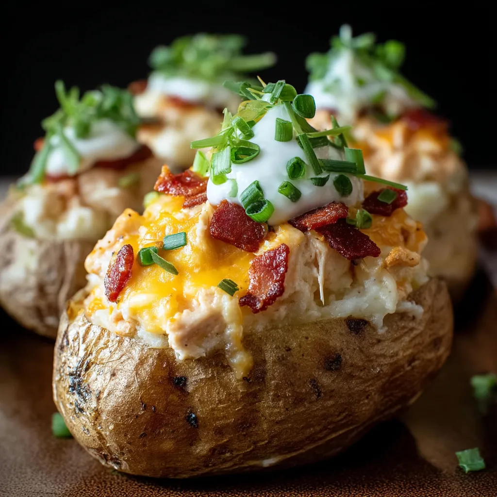 Three potatoes with bacon and cheese on top.