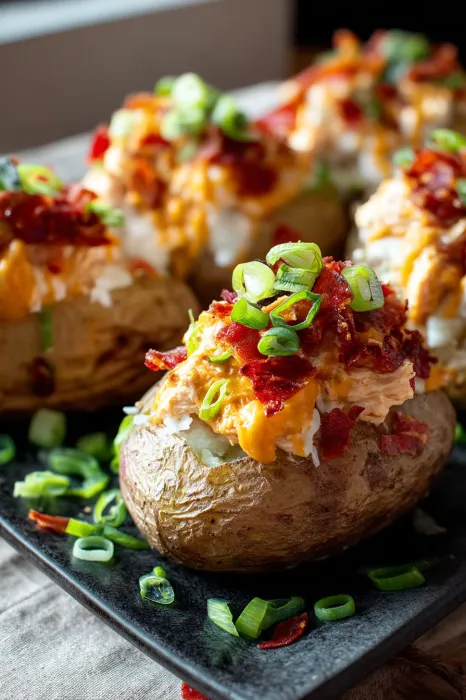 A plate of food with a potato and bacon on top.
