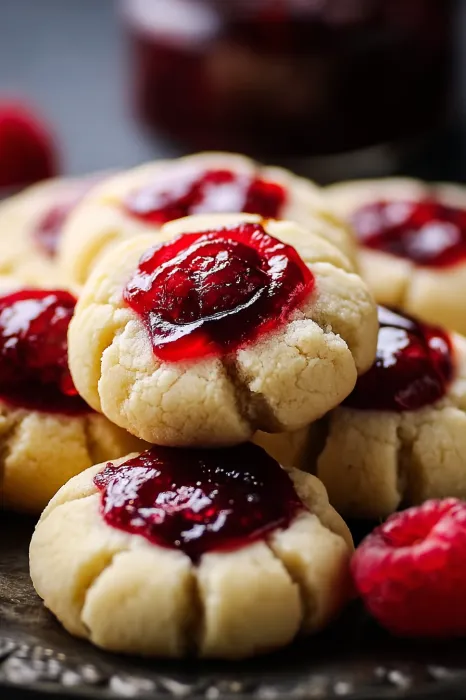 Jelly filled cookies on a table.
