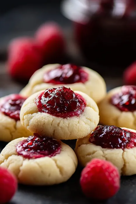 A plate of cookies with jam on top.