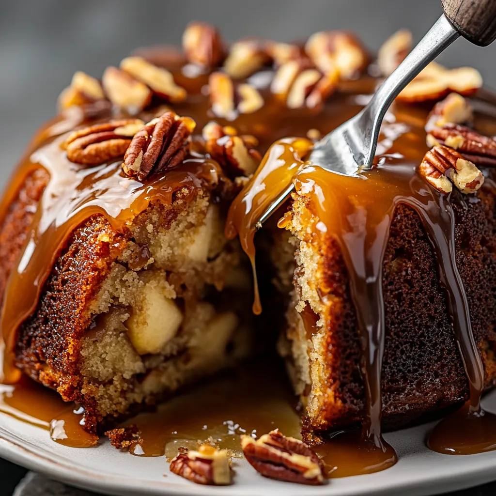 A slice of cake with caramel drizzle.