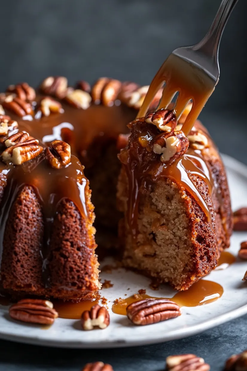 A slice of cake with caramel drizzled on top.