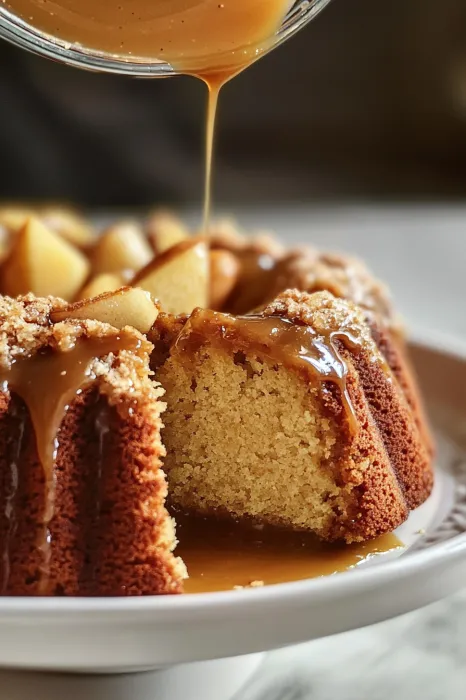 A slice of cake with caramel drizzled on top.