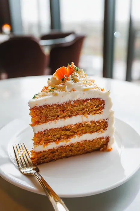 A slice of carrot cake on a plate.